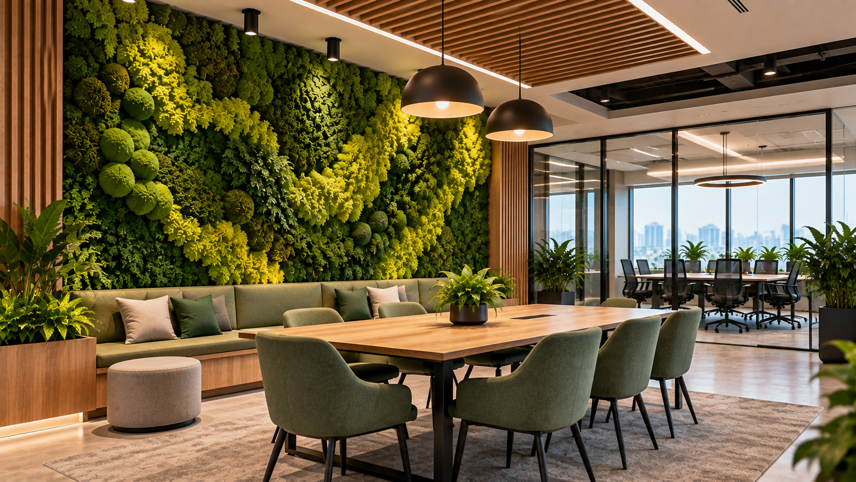 Moss wall design for corporate office breakout area