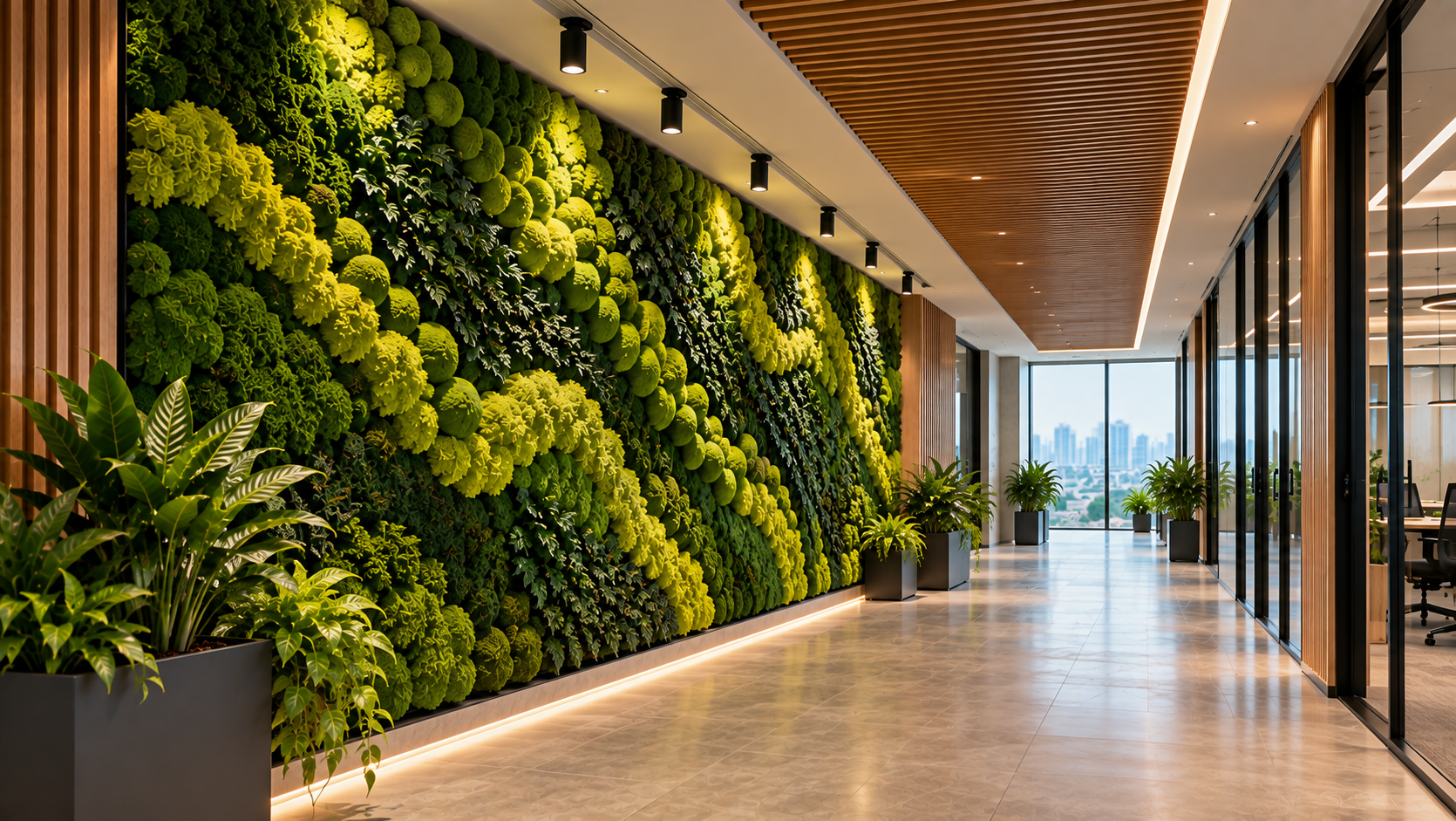 Moss wall feature in a modern corporate office corridor
