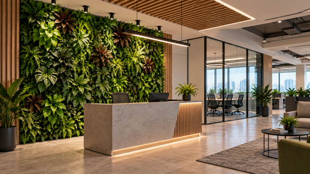 Artificial green wall ideas for modern office interiors showing a premium office reception with realistic layered greenery