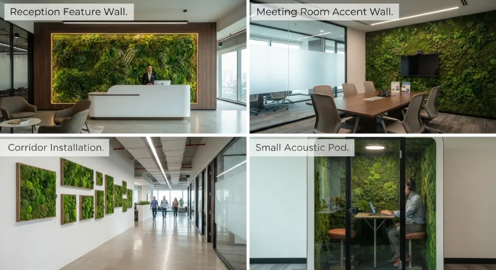 4-Panel Collage of Moss Wall Office Uses